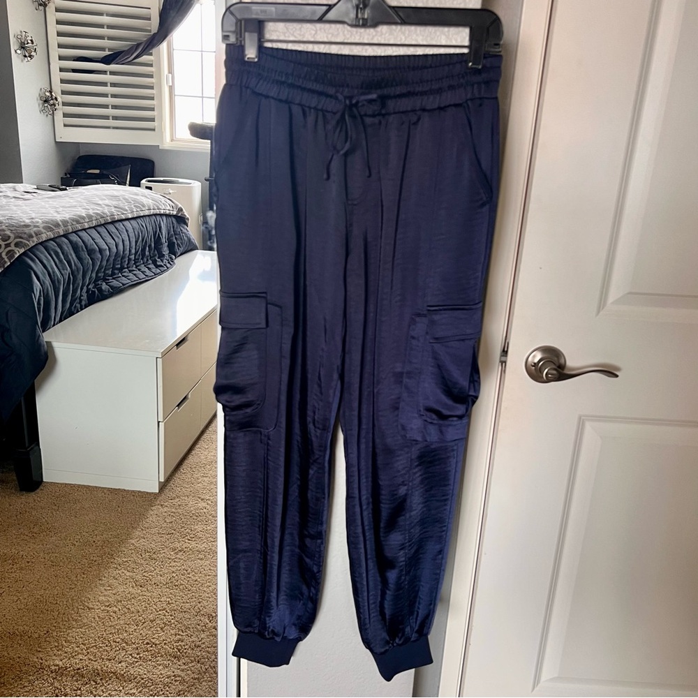 Bar III Navy Satin Cargo Jogger Pants
